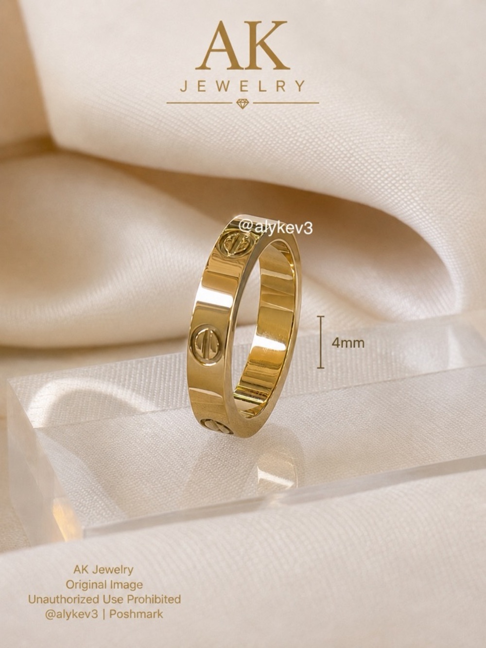 💎 Luxury 4mm 18K Gold-Plated Screw Motif Band Ring Over Titanium | AK Jewelry - Picture 2 of 3